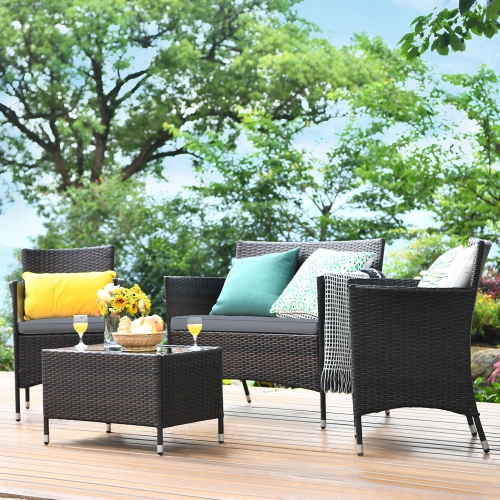Gymax 4PCS Patio Rattan Conversation Furniture Set Outdoor w/ Grey Cushion