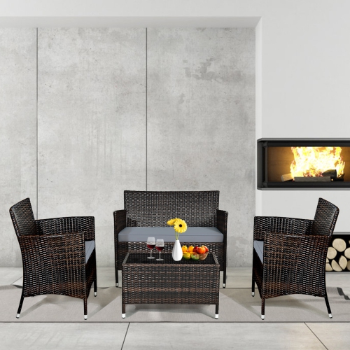 Gymax 4PCS Patio Rattan Conversation Furniture Set Outdoor w/ Grey Cushion