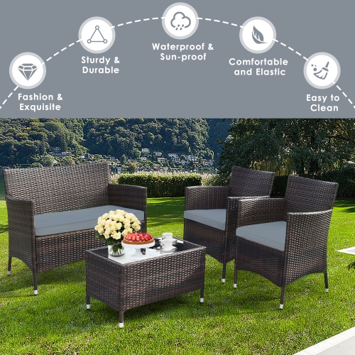 Gymax 4PCS Patio Rattan Conversation Furniture Set Outdoor w/ Grey Cushion