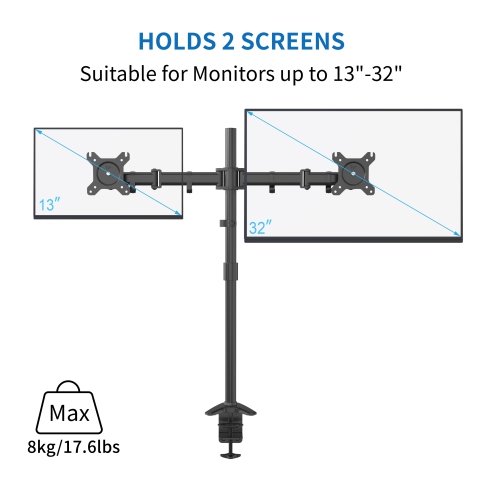 SHOPPINGALL Fully Adjustable Dual Monitor Standing Mount Extra Tall 31.5" Pole for Two Displays up to 32" - SA-D290