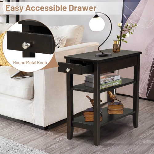 Topbuy End Table Sofa Side Table with Drawer Double Shelf Narrow Nightstand for Living Room & Bedroom Brown/Black