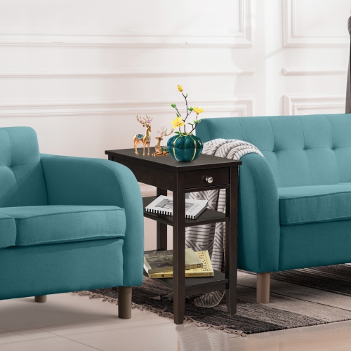 Topbuy End Table Sofa Side Table with Drawer Double Shelf Narrow Nightstand for Living Room & Bedroom Brown/Black