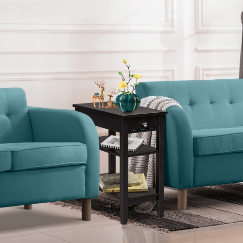 Topbuy End Table Sofa Side Table with Drawer Double Shelf Narrow Nightstand for Living Room & Bedroom Brown/Black