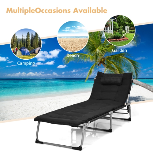 Patiojoy 4-Level Oversize Folding Chaise Lounge Adjustable Outdoor Beach with Removable Cushion Black/Beige
