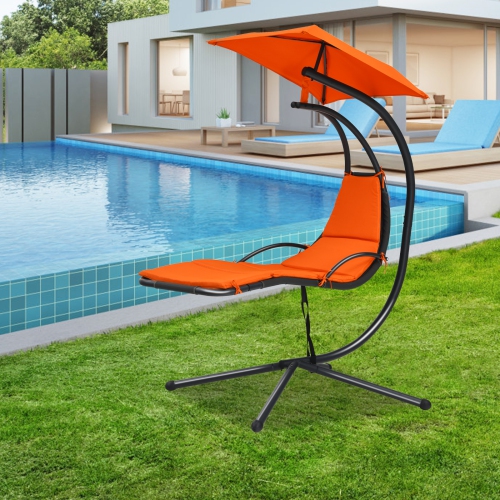 Patiojoy Outdoor Hanging Chaise Lounge Chair Floating Chaise Swing Lounger w/Canopy & Cushion Orange/Turquoise/Gray/Beige