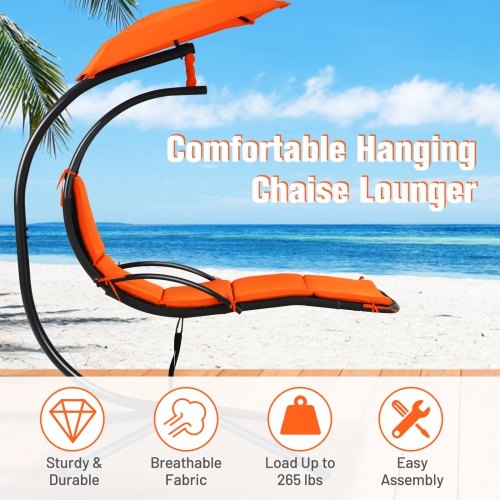 Patiojoy Outdoor Hanging Chaise Lounge Chair Floating Chaise Swing Lounger w/Canopy & Cushion Orange/Turquoise/Gray/Beige