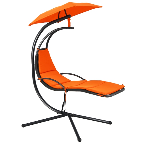 Patiojoy Outdoor Hanging Chaise Lounge Chair Floating Chaise Swing Lounger w/Canopy & Cushion Orange/Turquoise/Gray/Beige