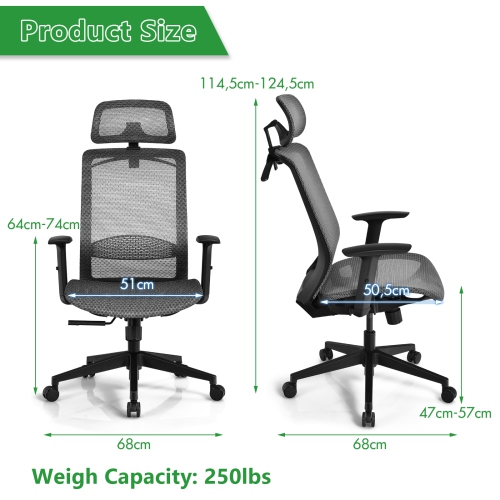 Topbuy High Back Mesh Office Chair Ergonomic Executive Chair Swivel Computer Task Chair w/ Headrest Black/ Grey