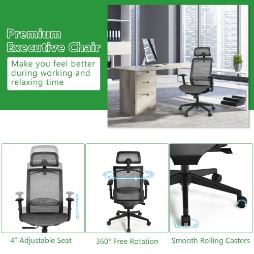Topbuy High Back Mesh Office Chair Ergonomic Executive Chair Swivel Computer Task Chair w/ Headrest Black/ Grey