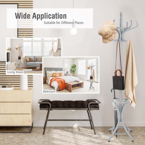 Topbuy Free Standing Coat Rack Solid Wood Cat Tree w/12 Hooks & Umbrella Holder Grey