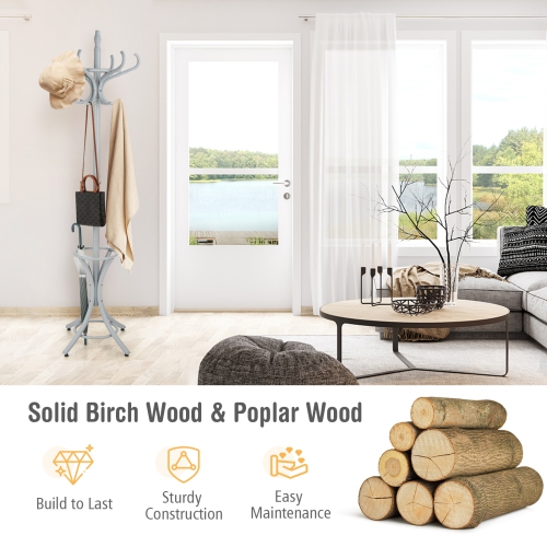 Topbuy Free Standing Coat Rack Solid Wood Cat Tree w/12 Hooks & Umbrella Holder Grey