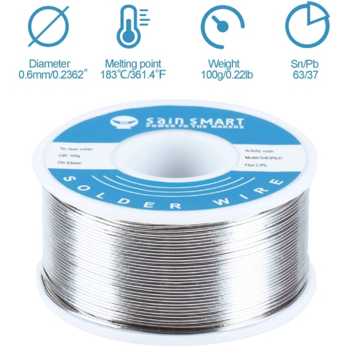 SainSmart 0.6mm Solder Wire 63/37 Tin/Lead Sn63Pb37 with Flux Rosin Core for Electrical Soldering