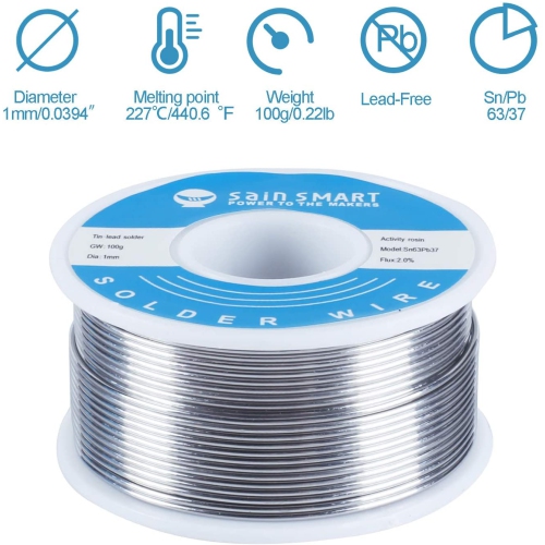 SainSmart 1mm Solder Wire 63/37 Tin/Lead Sn63Pb37 with Flux Rosin Core for Electrical Soldering
