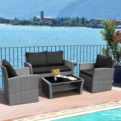Gymax 4PCS Patio Rattan Conversation Set Outdoor Furniture Set w/ Black Cushions
