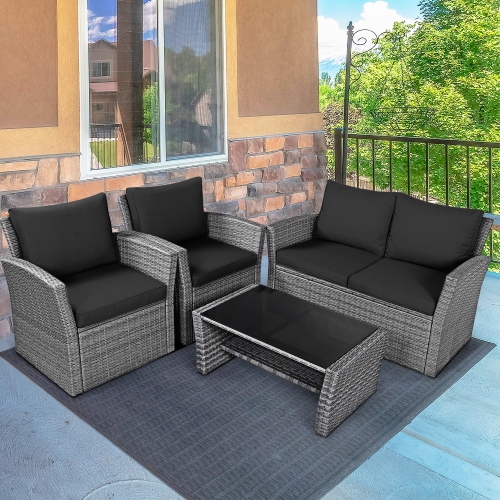 Gymax 4PCS Patio Rattan Conversation Set Outdoor Furniture Set w/ Black Cushions
