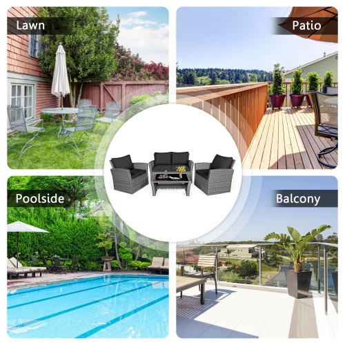 Gymax 4PCS Patio Rattan Conversation Set Outdoor Furniture Set w/ Black Cushions