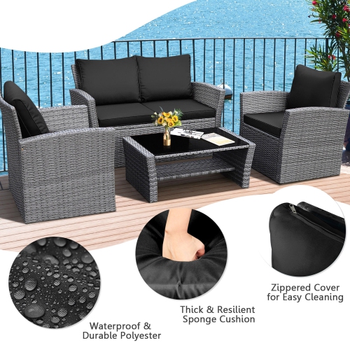 Gymax 4PCS Patio Rattan Conversation Set Outdoor Furniture Set w/ Black Cushions