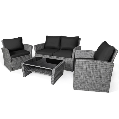 Gymax 4PCS Patio Rattan Conversation Set Outdoor Furniture Set w/ Black Cushions