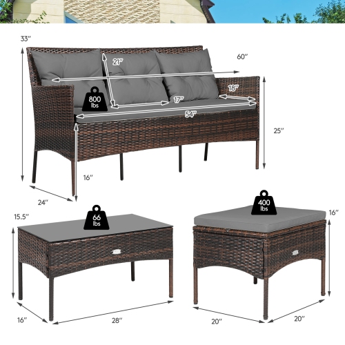 Patiojoy 3 PCS Patio Furniture Set Outdoor All Weather Wicker Conversation Set w/Cushioned Ottoman & Side Table