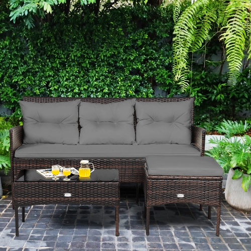 Patiojoy 3 PCS Patio Furniture Set Outdoor All Weather Wicker Conversation Set w/Cushioned Ottoman & Side Table