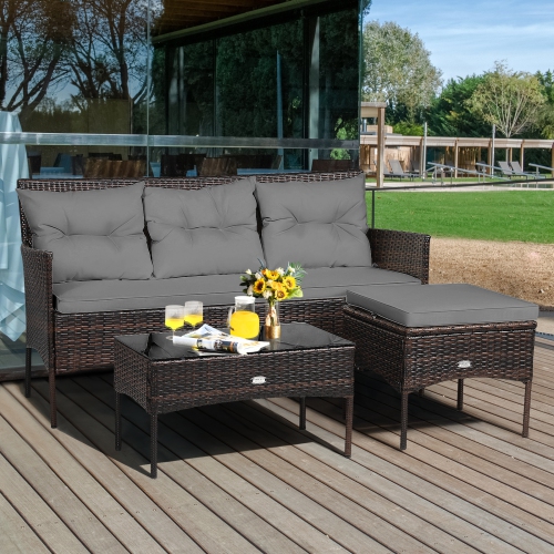 Patiojoy 3 PCS Patio Furniture Set Outdoor All Weather Wicker Conversation Set w/Cushioned Ottoman & Side Table