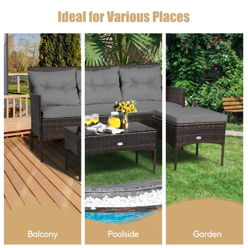 Patiojoy 3 PCS Patio Furniture Set Outdoor All Weather Wicker Conversation Set w/Cushioned Ottoman & Side Table