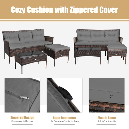 Patiojoy 3 PCS Patio Furniture Set Outdoor All Weather Wicker Conversation Set w/Cushioned Ottoman & Side Table