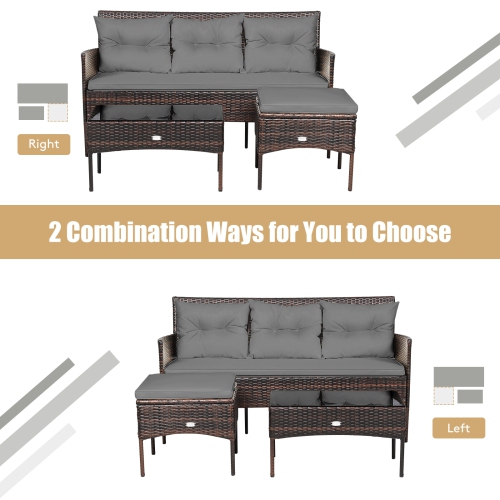 Patiojoy 3 PCS Patio Furniture Set Outdoor All Weather Wicker Conversation Set w/Cushioned Ottoman & Side Table