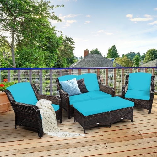 Patiojoy 5 PCS Patio Rattan Sectional Sofa Set Outdoor Furniture Conversation Set Cushioned Loveseat Sofa Ottoman