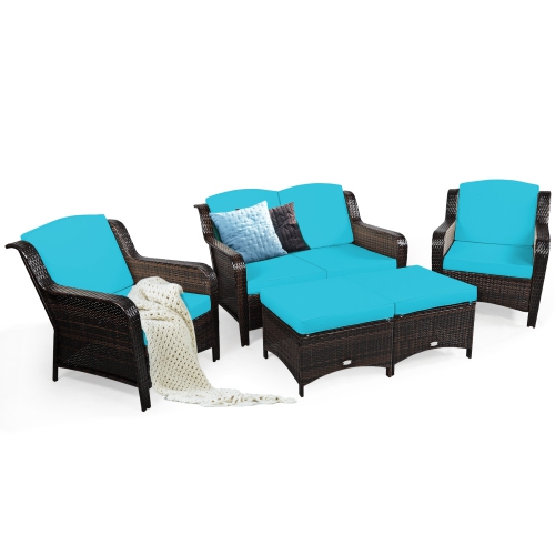 Patiojoy 5 PCS Patio Rattan Sectional Sofa Set Outdoor Furniture Conversation Set Cushioned Loveseat Sofa Ottoman