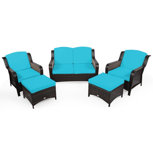 Patiojoy 5 PCS Patio Rattan Sectional Sofa Set Outdoor Furniture Conversation Set Cushioned Loveseat Sofa Ottoman