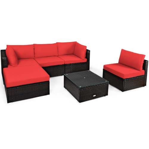 TOPBUY  Patiojoy 6PCs Patio Rattan Furniture Set Outdoor Sectional Sofa Set W/coffee Table & Ottoman Black/navy/turquoise/red/brown