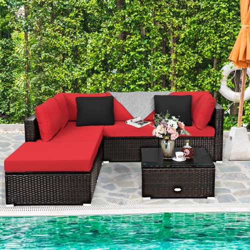 Patiojoy 6PCS Patio Rattan Furniture Set Outdoor Sectional Sofa Set w/Coffee Table & Ottoman Black/Navy/Turquoise/Red/Brown