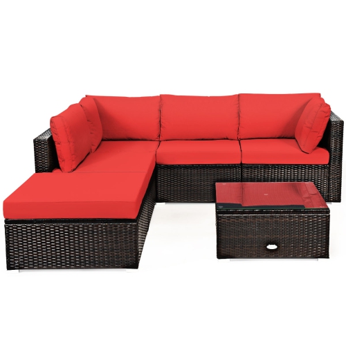 Patiojoy 6PCS Patio Rattan Furniture Set Outdoor Sectional Sofa Set w/Coffee Table & Ottoman Black/Navy/Turquoise/Red/Brown