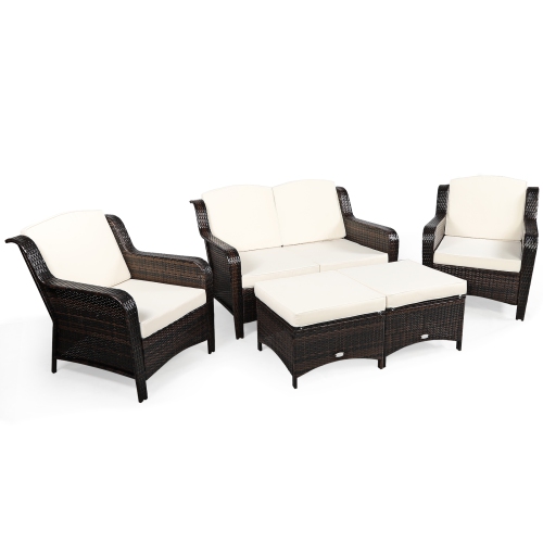 Patiojoy 5 PCS Patio Rattan Sectional Sofa Set Outdoor Furniture Conversation Set Cushioned Loveseat Sofa Ottoman