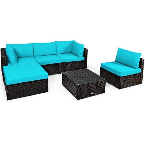 TOPBUY  Patiojoy 6PCs Patio Rattan Furniture Set Outdoor Sectional Sofa Set W/coffee Table & Ottoman Black/navy/turquoise/red/brown