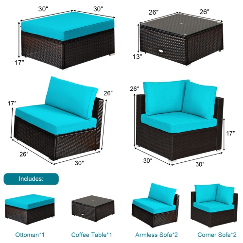 Patiojoy 6PCS Patio Rattan Furniture Set Outdoor Sectional Sofa Set w/Coffee Table & Ottoman Black/Navy/Turquoise/Red/Brown