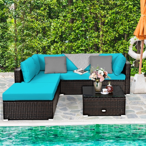 Patiojoy 6PCS Patio Rattan Furniture Set Outdoor Sectional Sofa Set w/Coffee Table & Ottoman Black/Navy/Turquoise/Red/Brown