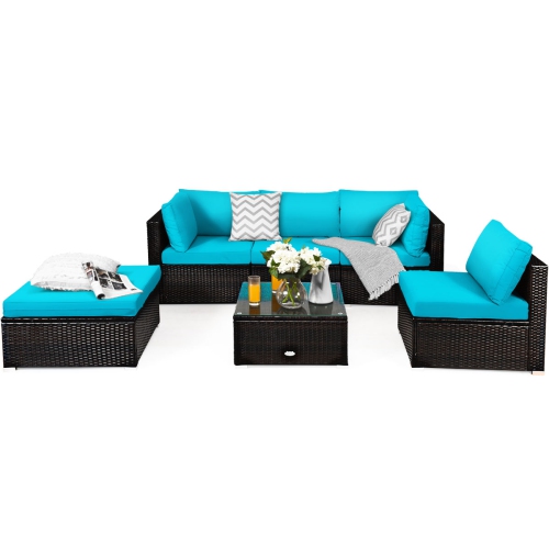 Patiojoy 6PCS Patio Rattan Furniture Set Outdoor Sectional Sofa Set w/Coffee Table & Ottoman Black/Navy/Turquoise/Red/Brown