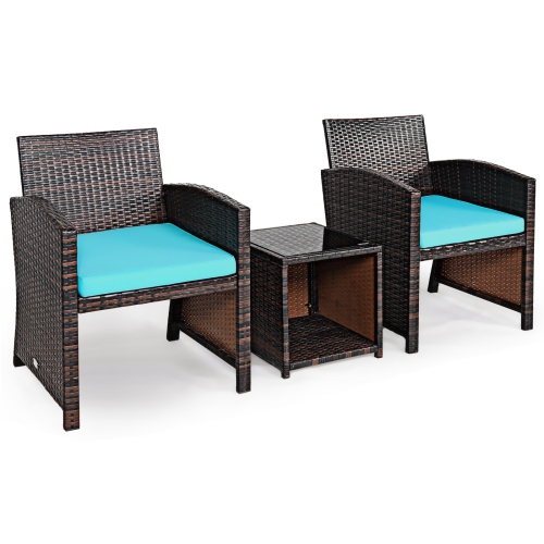 TOPBUY  Patiojoy 3 PCs Patio Rattan Furniture Set Conversation Chair Set With Soft Cushion & Coffee Table for Backyard Poolside Garden