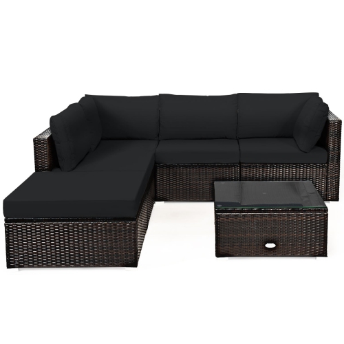 Patiojoy 6PCS Patio Rattan Furniture Set Outdoor Sectional Sofa Set w/Coffee Table & Ottoman Black/Navy/Turquoise/Red/Brown