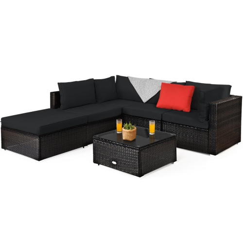 Patiojoy 6PCS Patio Rattan Furniture Set Outdoor Sectional Sofa Set w/Coffee Table & Ottoman Black/Navy/Turquoise/Red/Brown