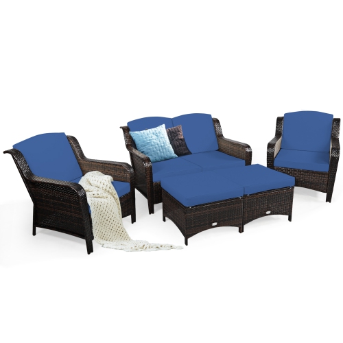 Patiojoy 5 PCS Patio Rattan Sectional Sofa Set Outdoor Furniture Conversation Set Cushioned Loveseat Sofa Ottoman