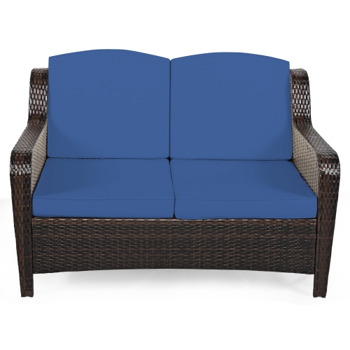 Patiojoy 5 PCS Patio Rattan Sectional Sofa Set Outdoor Furniture Conversation Set Cushioned Loveseat Sofa Ottoman