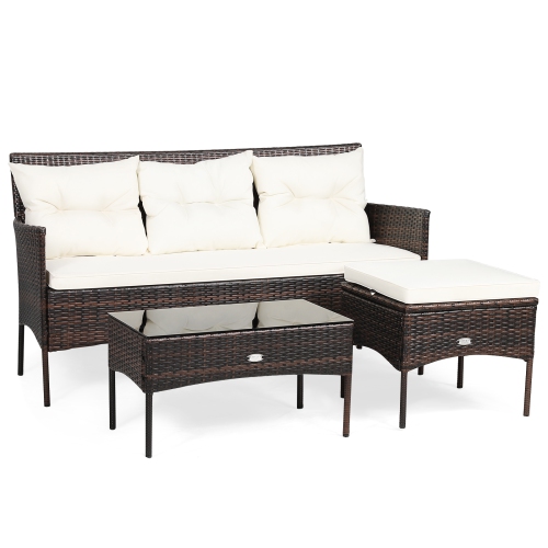 TOPBUY  Patiojoy 3 PCs Patio Furniture Set Outdoor All Weather Wicker Conversation Set W/cushioned Ottoman & Side Table