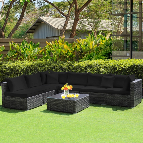 Patiojoy 7 Pcs Outdoor Patio Furniture Set All-Weather PE Rattan Sofa Set w/Coffee Table & Cushions