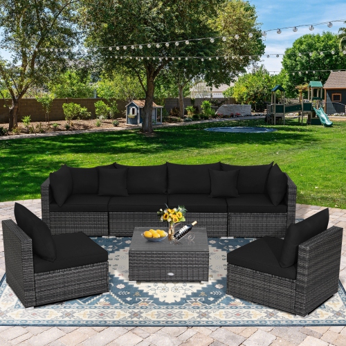 Patiojoy 7 Pcs Outdoor Patio Furniture Set All-Weather PE Rattan Sofa Set w/Coffee Table & Cushions