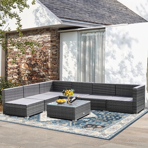 Patiojoy 7 Pcs Outdoor Patio Furniture Set All-Weather PE Rattan Sofa Set w/Coffee Table & Cushions