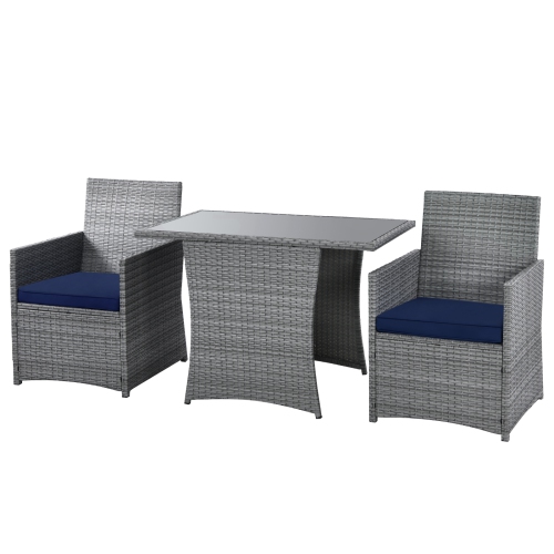 Patiojoy 3PCS Patio Rattan Furniture Set Outdoor Wicker Table & Chair Set w/Cushions White/Red/Gray/Turquoise/Navy