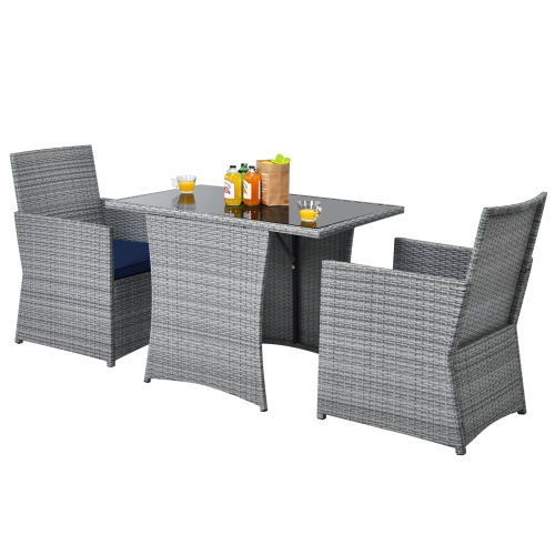 Patiojoy 3PCS Patio Rattan Furniture Set Outdoor Wicker Table & Chair Set w/Cushions White/Red/Gray/Turquoise/Navy